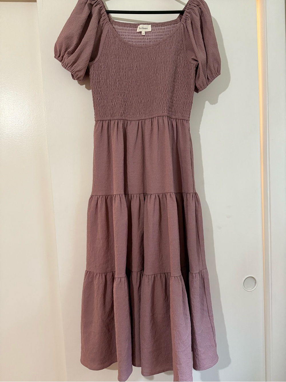 Bohme Mauve Puff-Sleeve Tiered Midi Dress